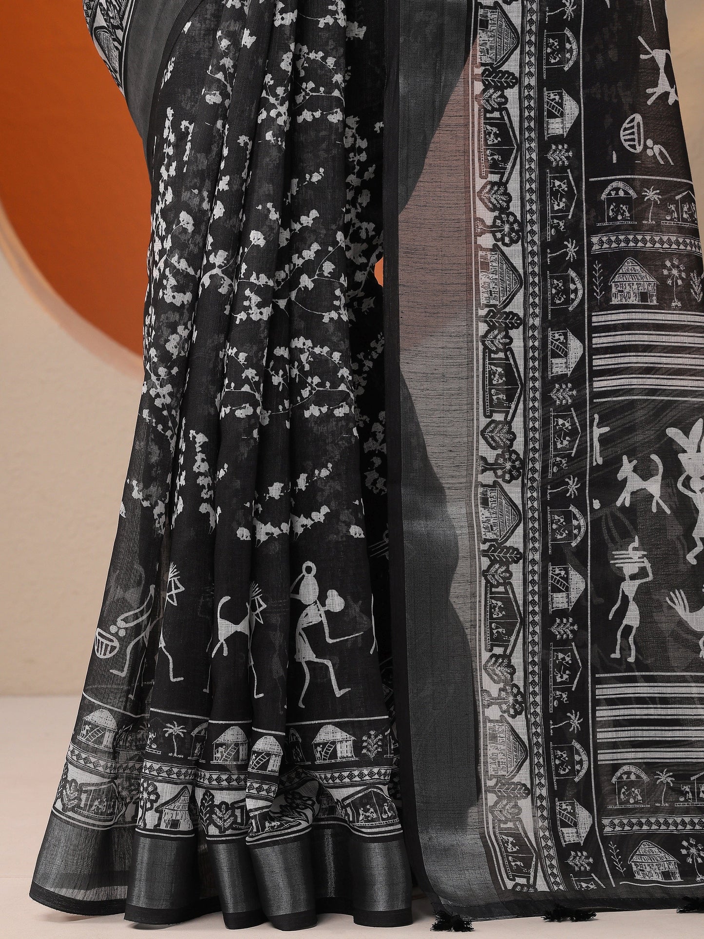 Black Printed Cotton Blend Saree With Unstitched Blouse Piece
