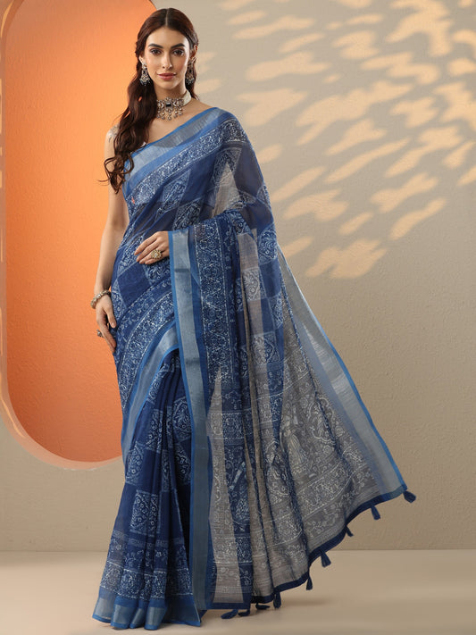 Blue Printed Cotton Blend Saree With Unstitched Blouse Piece