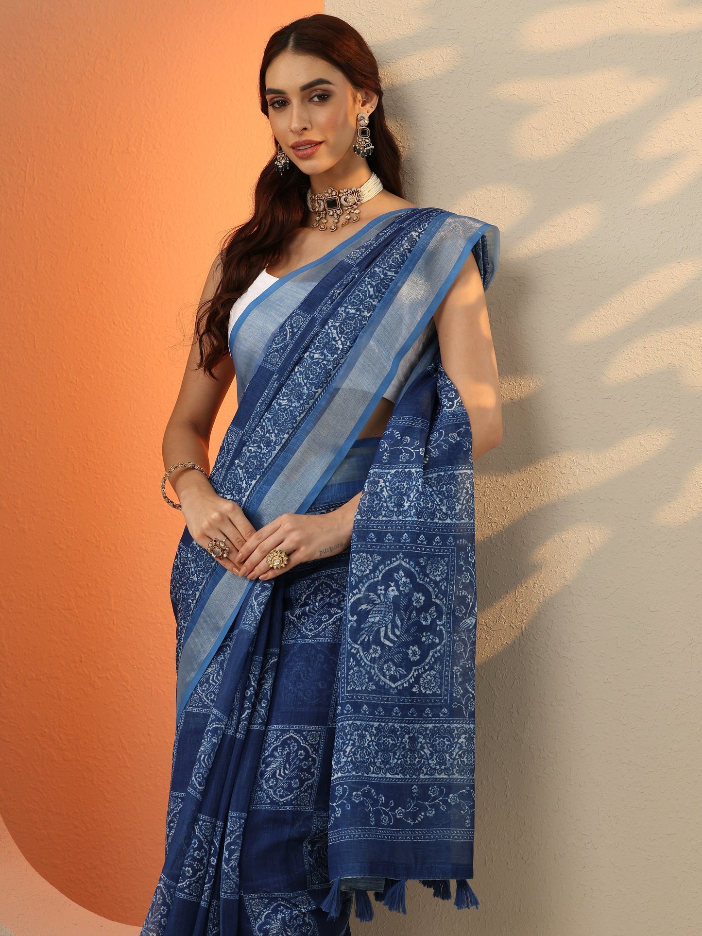 Blue Printed Cotton Blend Saree With Unstitched Blouse Piece