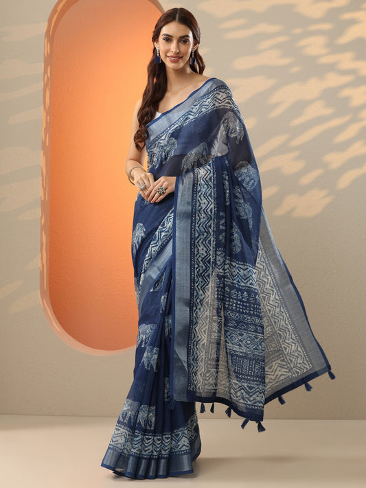 Blue Ikat Printed Cotton Blend Saree With Unstitched Blouse Piece