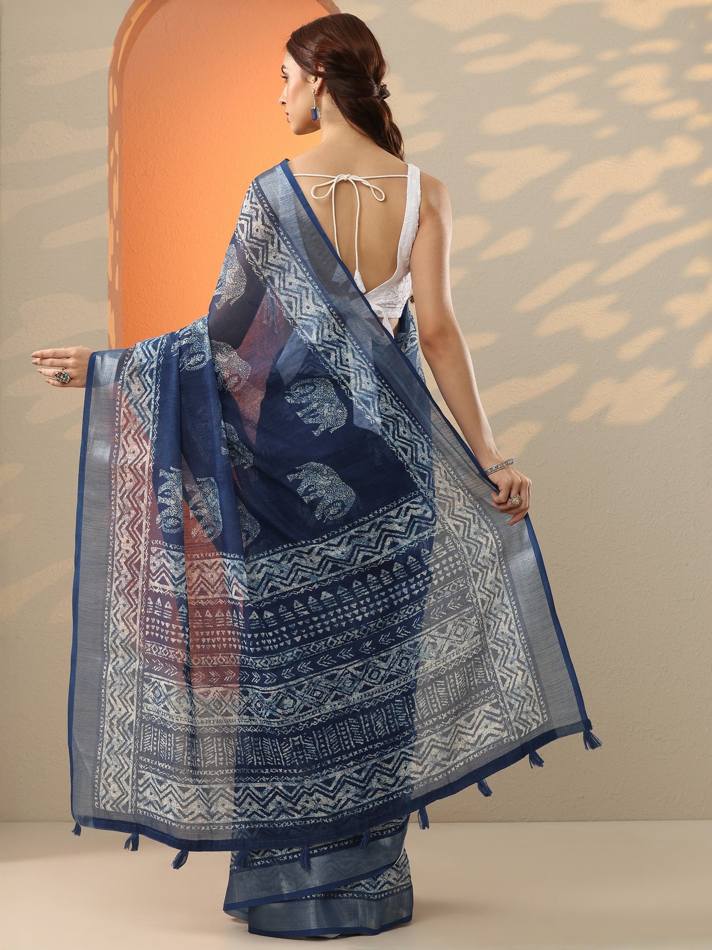 Blue Ikat Printed Cotton Blend Saree With Unstitched Blouse Piece