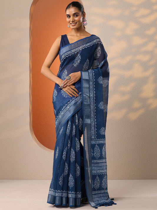 Blue Printed Cotton Blend Saree With Unstitched Blouse Piece