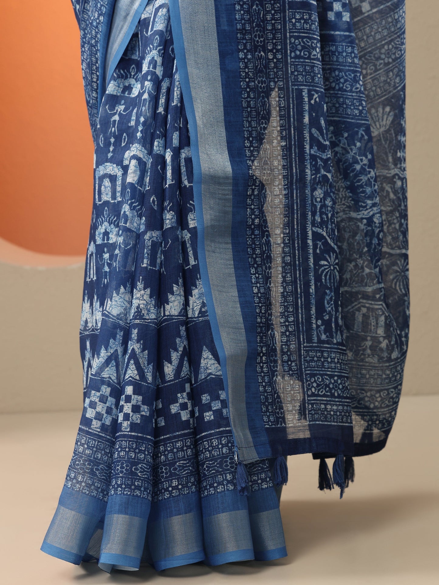 Blue Ikat Printed Cotton Blend Saree With Unstitched Blouse Piece