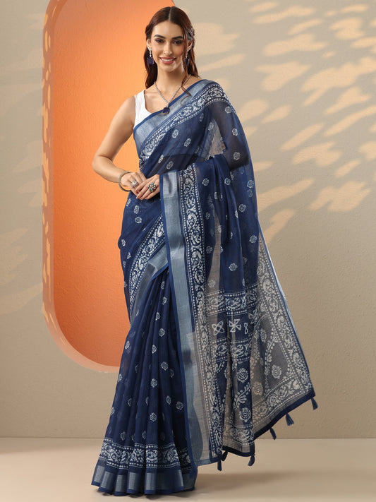 Blue Printed Cotton Blend Saree With Unstitched Blouse Piece