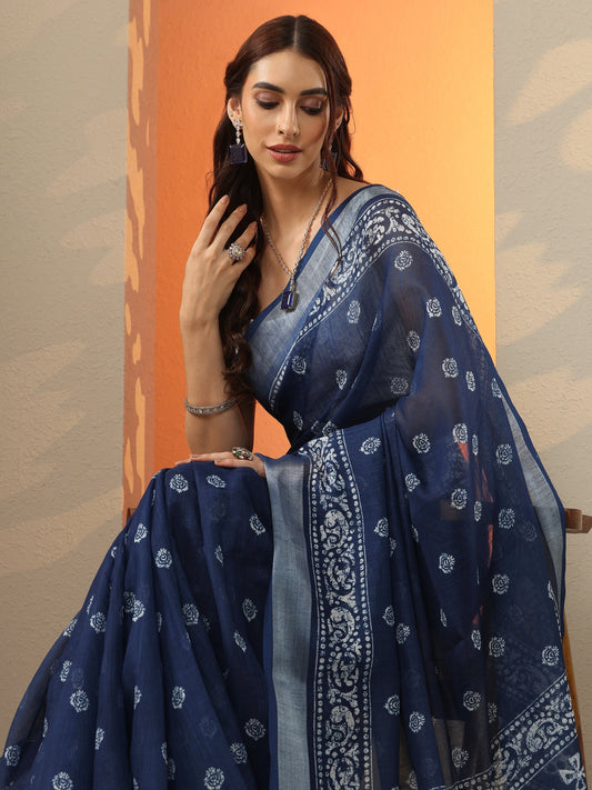 Blue Printed Cotton Blend Saree With Unstitched Blouse Piece