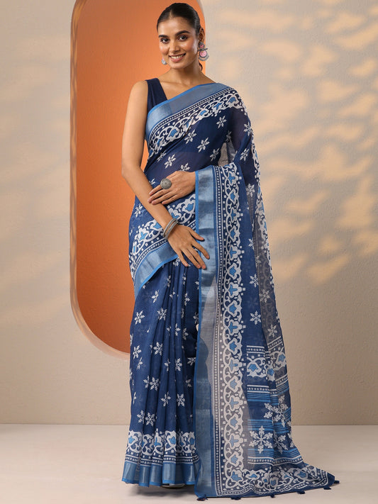 Blue Printed Cotton Blend Saree With Unstitched Blouse Piece