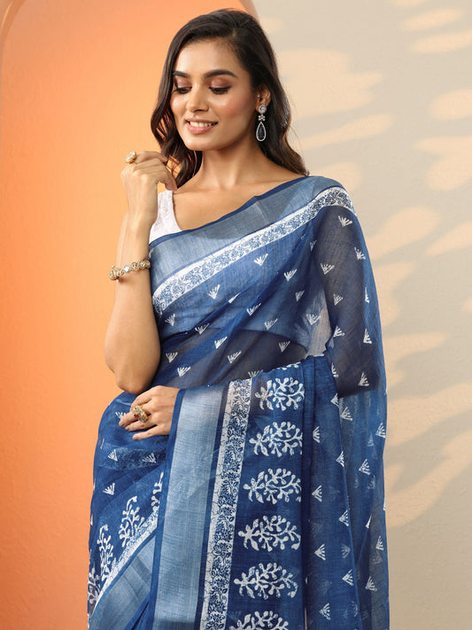 Blue Jamdani Printed Cotton Blend Saree With Unstitched Blouse Piece