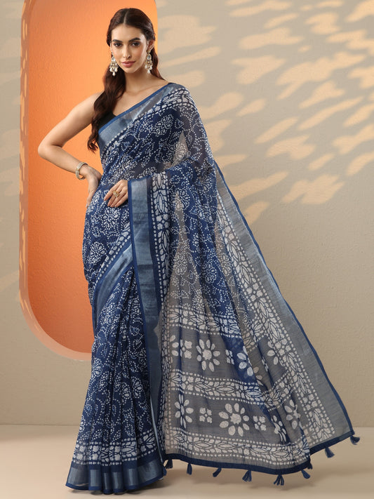 Blue Bandhani Printed Cotton Blend Saree With Unstitched Blouse Piece