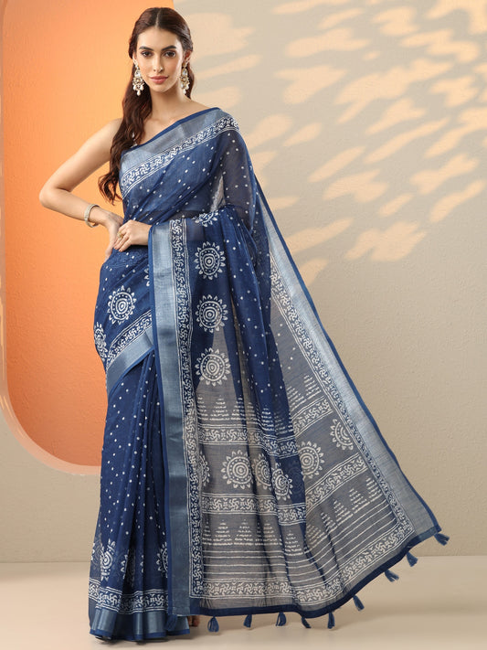 Blue Printed Cotton Blend Saree With Unstitched Blouse Piece