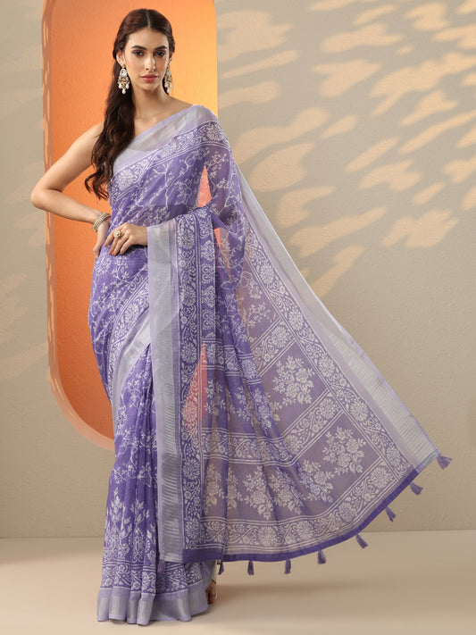 Lavender Jamdani Printed Cotton Blend Saree With Unstitched Blouse Piece