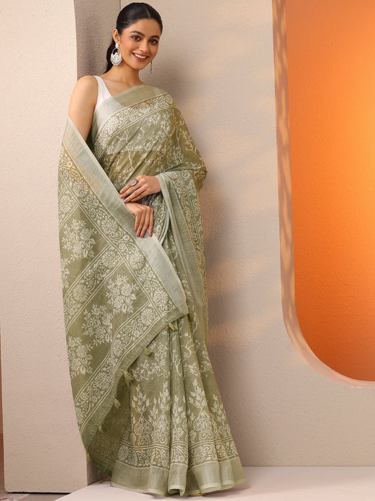 Green Printed Cotton Blend Saree With Unstitched Blouse Piece