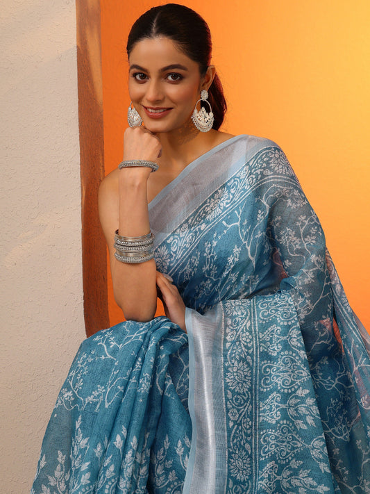 Blue Printed Cotton Blend Saree With Unstitched Blouse Piece