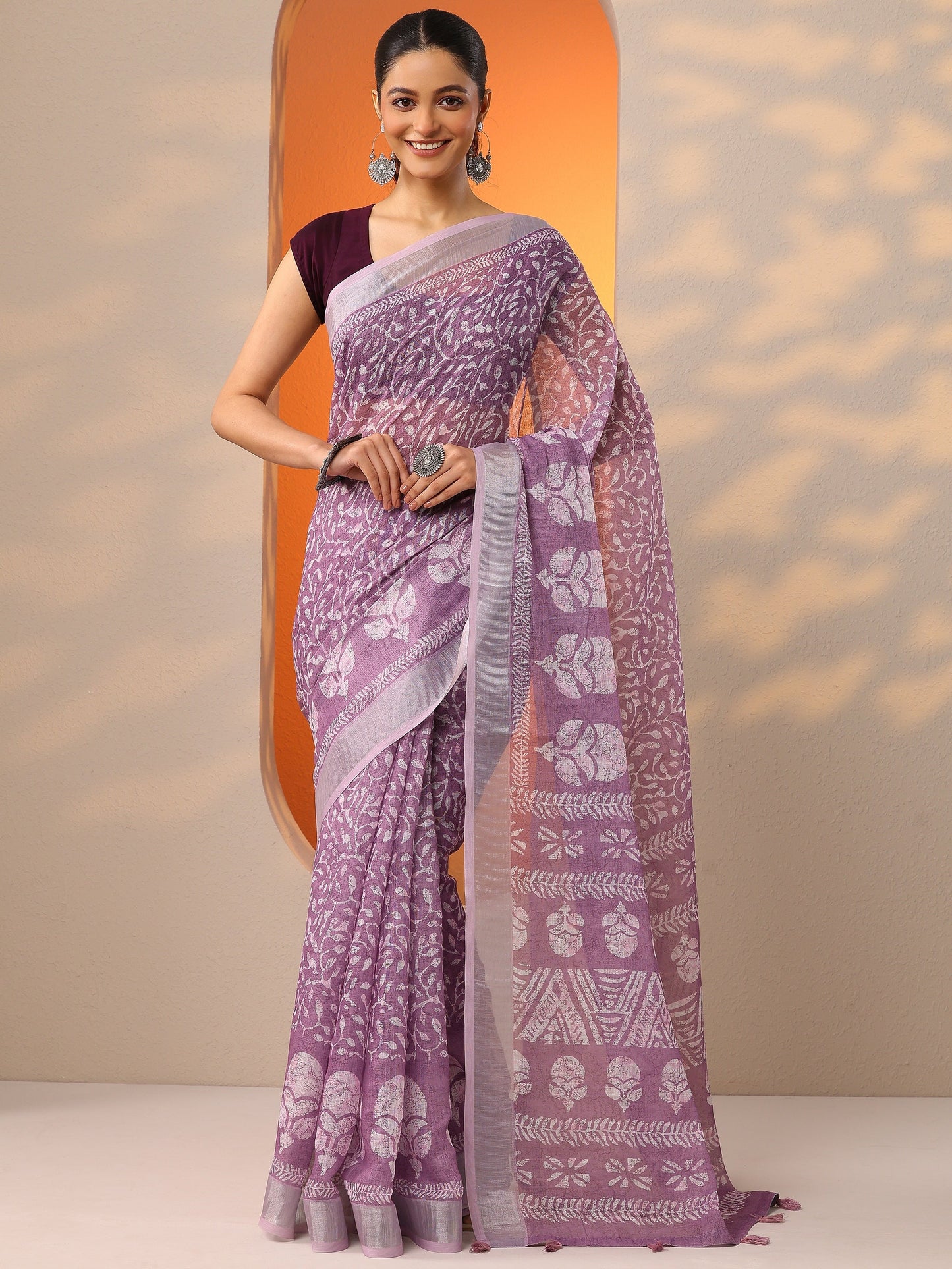 Mauve Jamdani Printed Cotton Blend Saree With Unstitched Blouse Piece