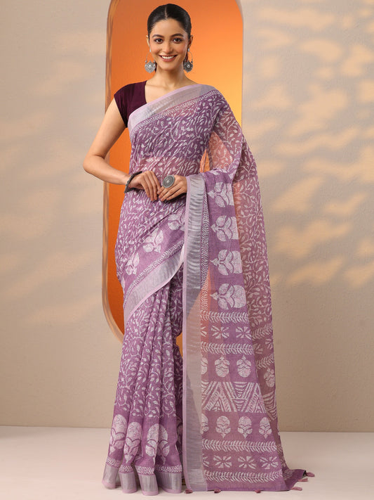 Mauve Jamdani Printed Cotton Blend Saree With Unstitched Blouse Piece