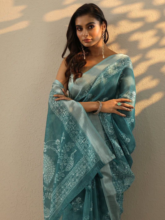 Blue Printed Cotton Blend Saree With Unstitched Blouse Piece