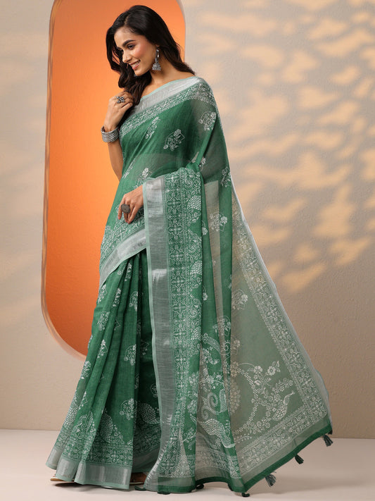 Green Printed Cotton Blend Saree With Unstitched Blouse Piece