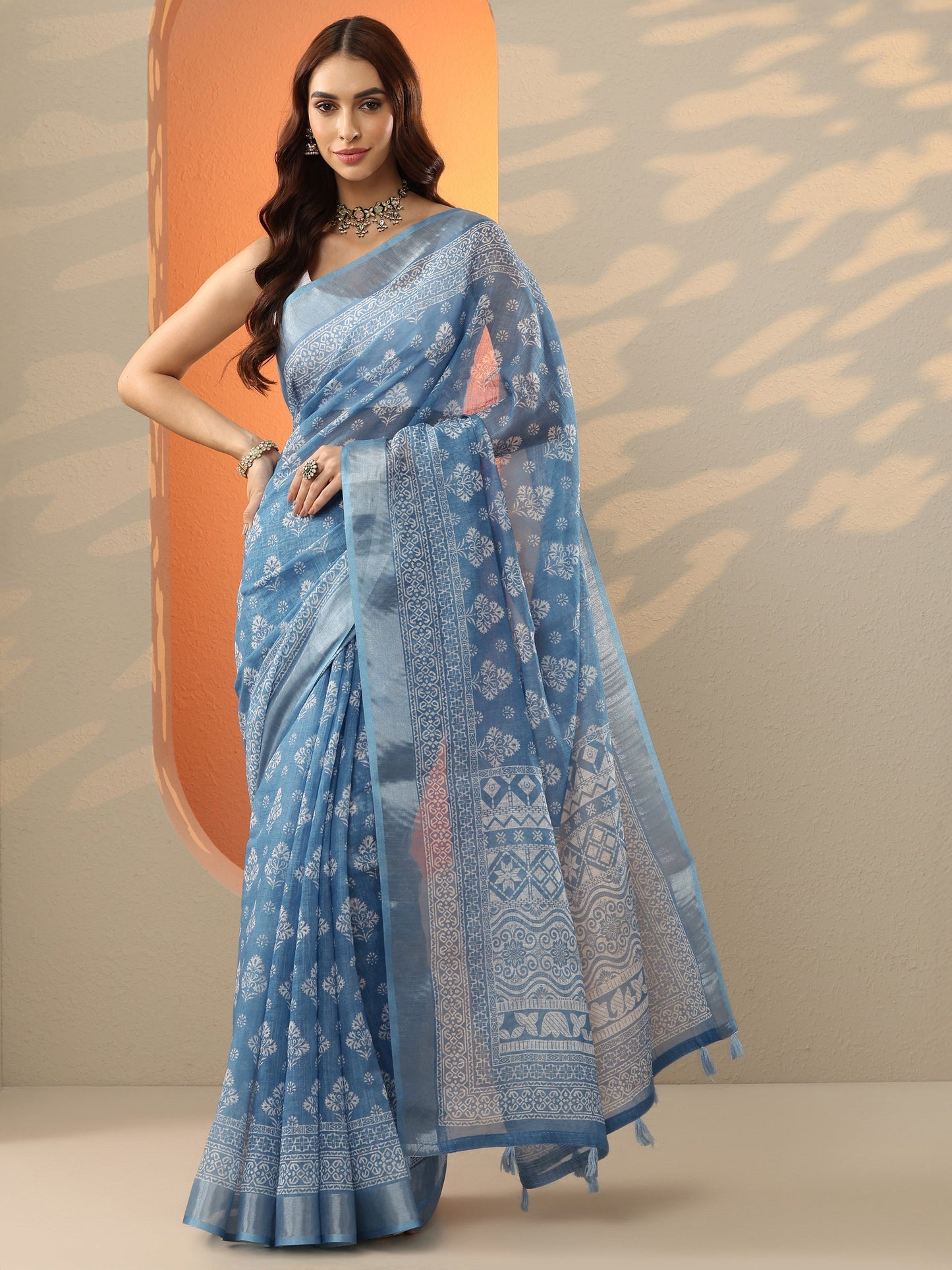 Blue Printed Cotton Blend Jamdani Saree With Unstitched Blouse Piece