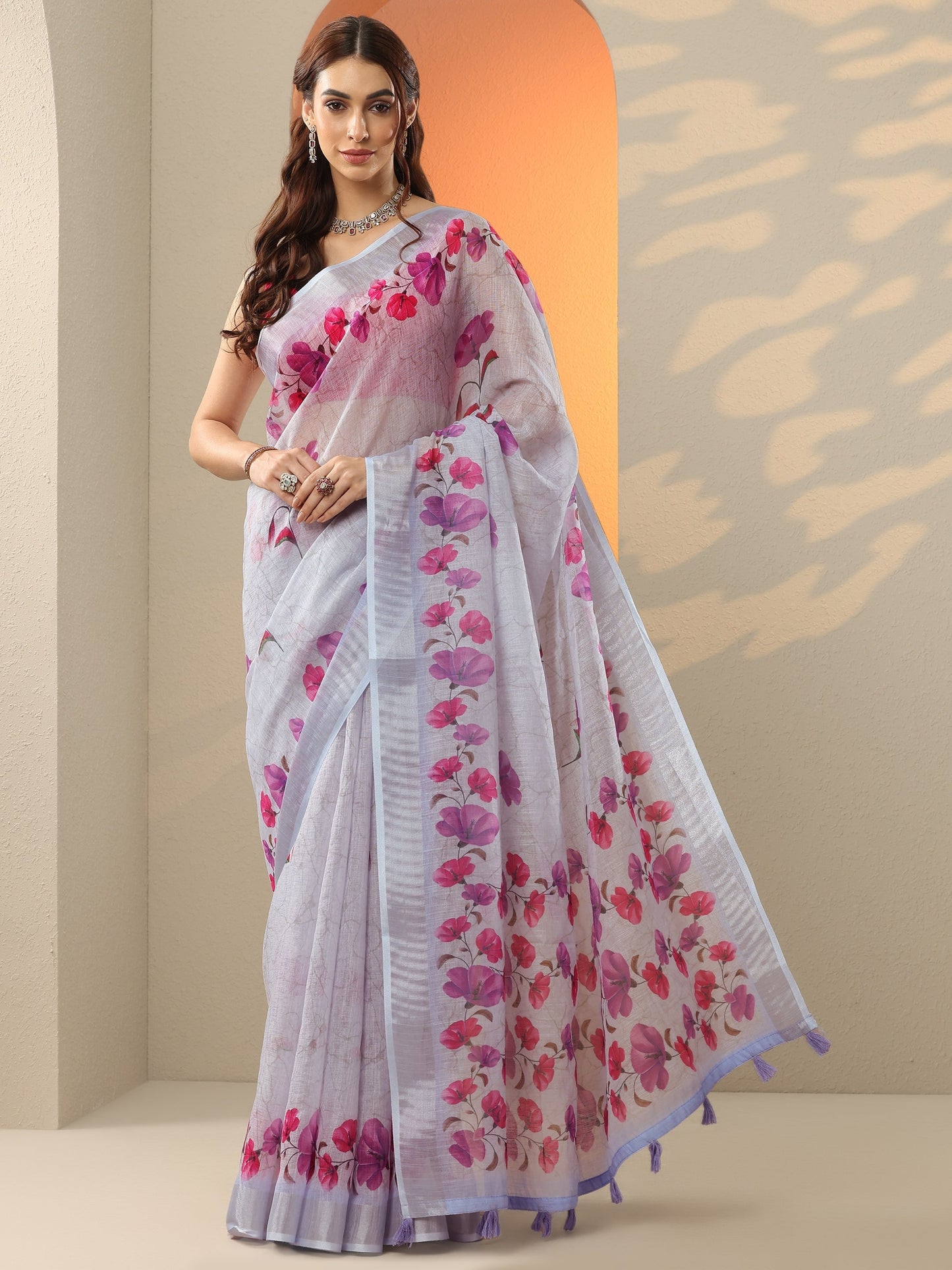 Blue Printed Cotton Blend Saree With Unstitched Blouse Piece