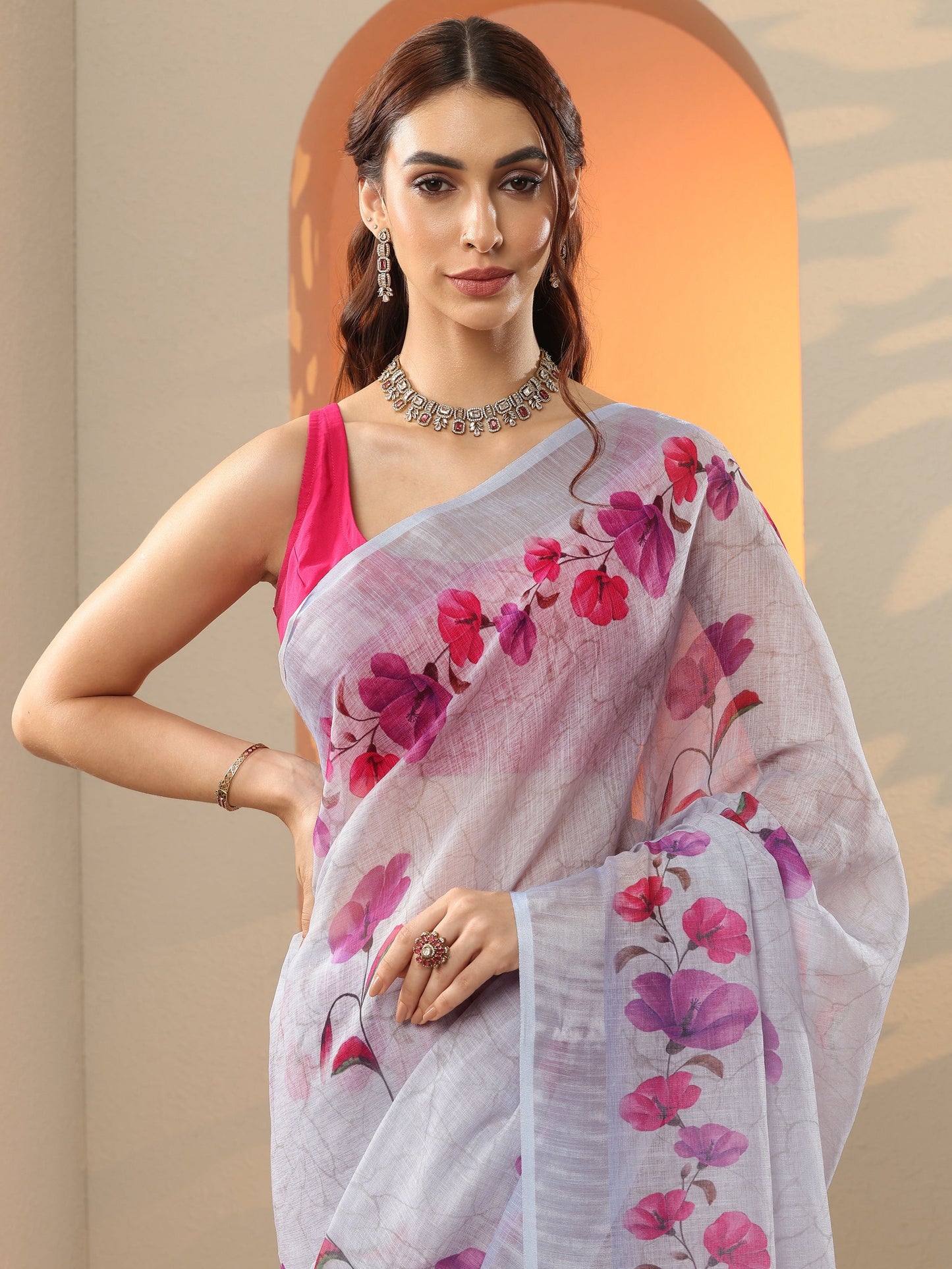 Blue Printed Cotton Blend Saree With Unstitched Blouse Piece