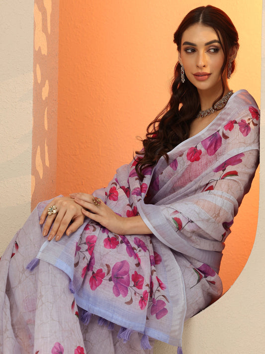 Blue Printed Cotton Blend Saree With Unstitched Blouse Piece