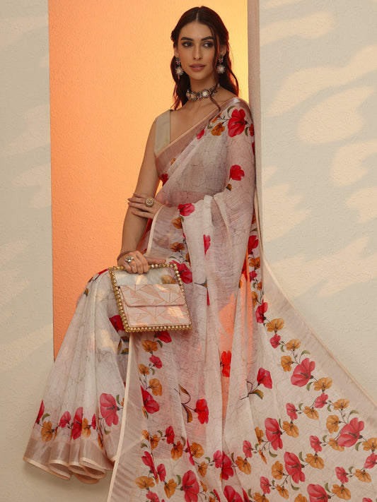 Off White Printed Cotton Blend Saree With Unstitched Blouse Piece