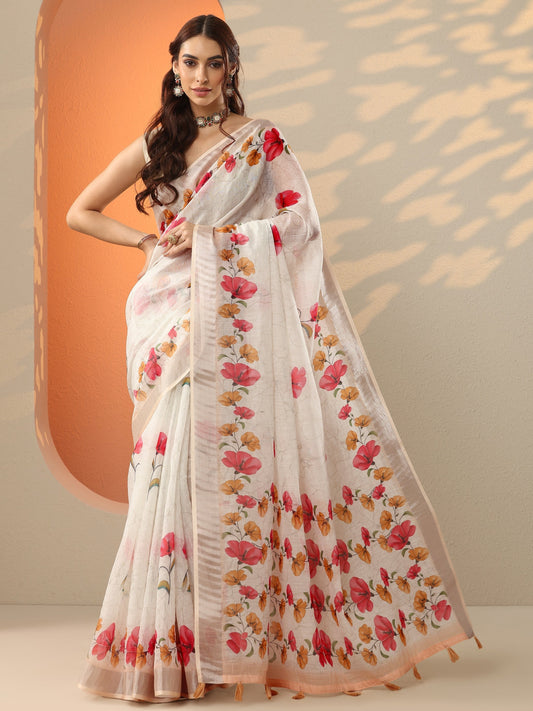 Off White Printed Cotton Blend Saree With Unstitched Blouse Piece