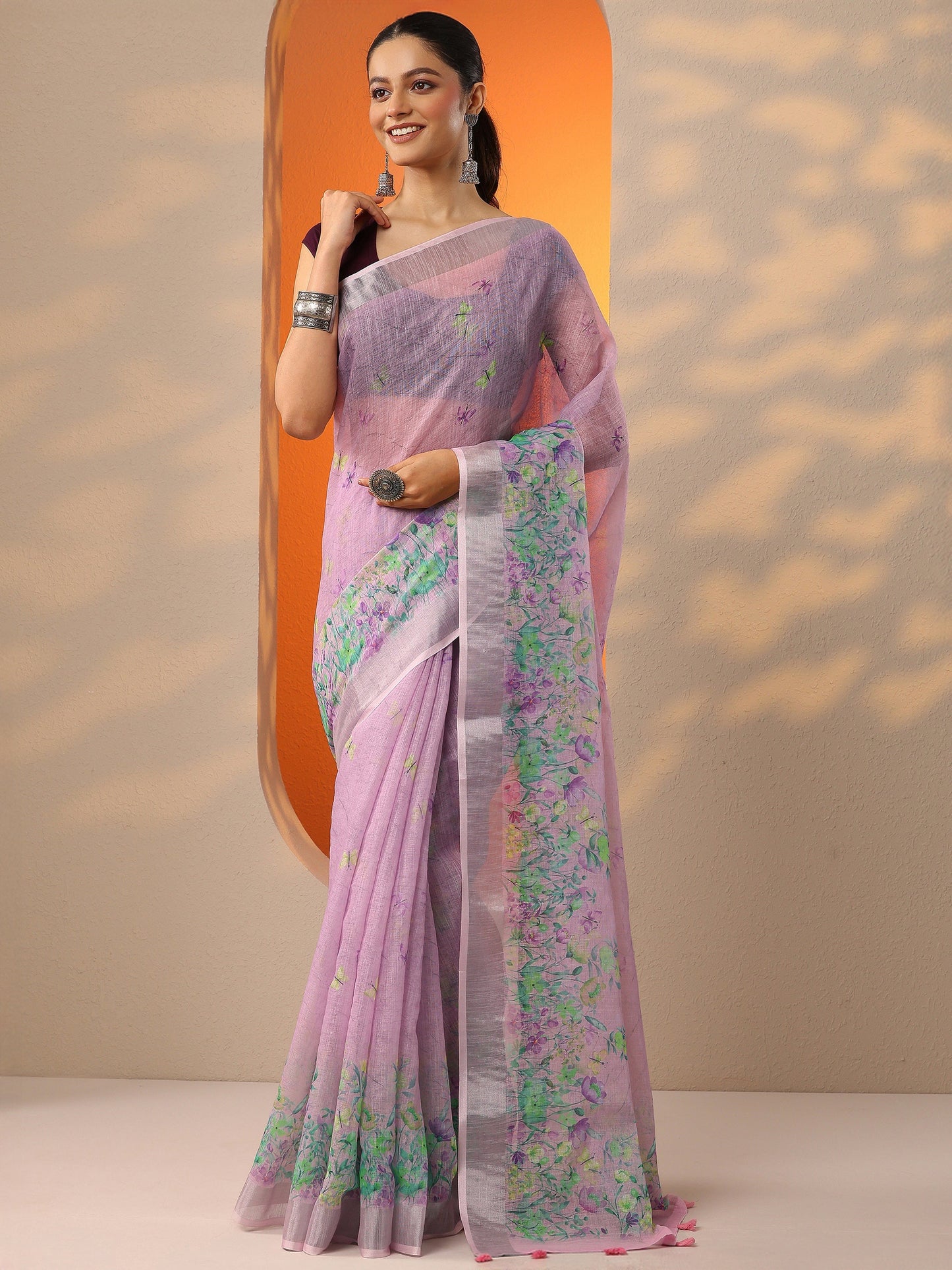 Lavender Printed Cotton Blend Saree With Unstitched Blouse Piece