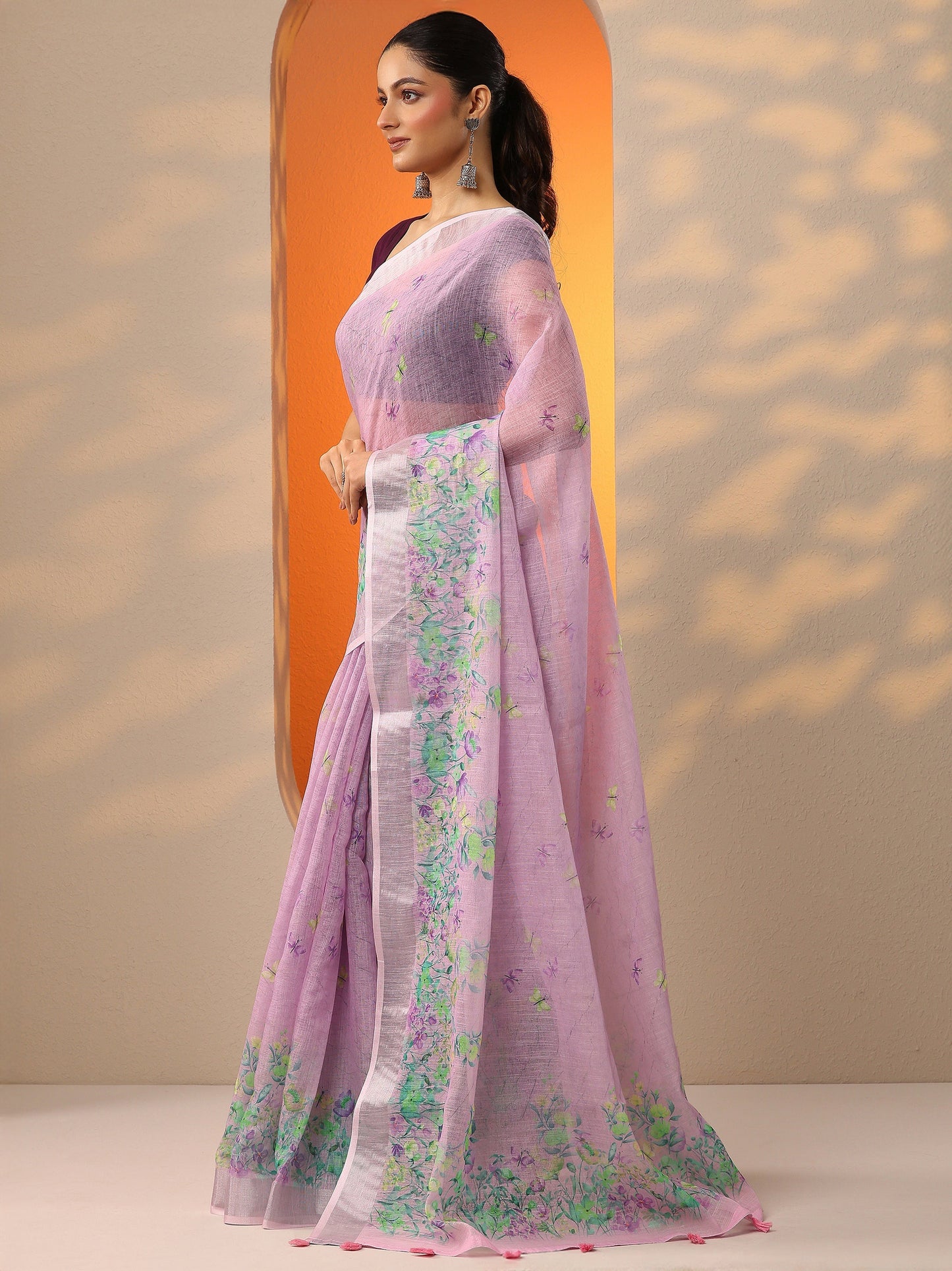 Lavender Printed Cotton Blend Saree With Unstitched Blouse Piece