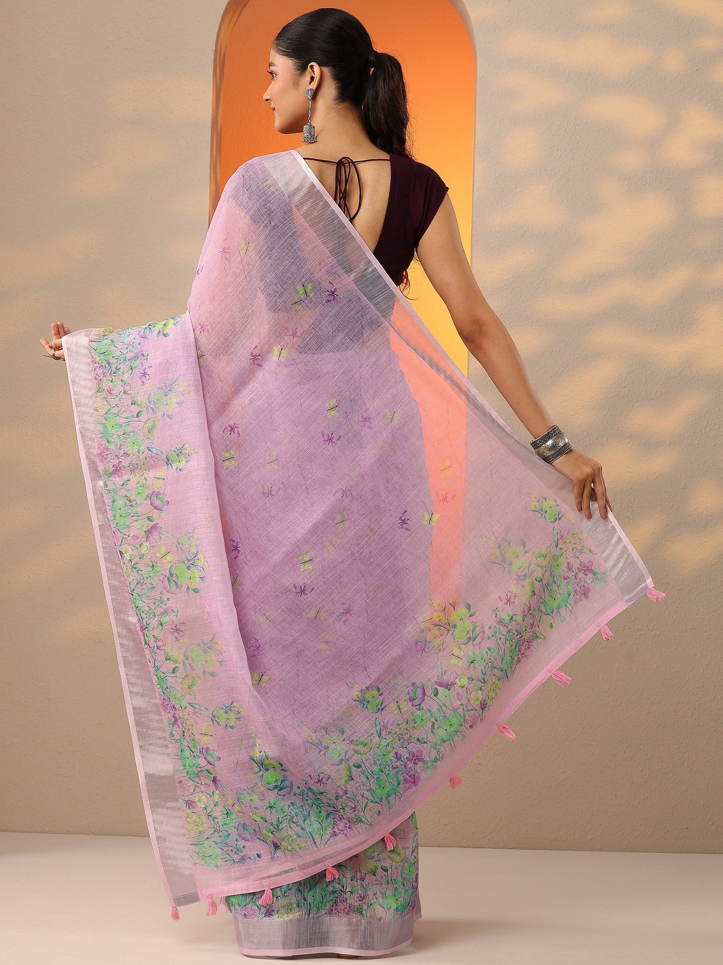 Lavender Printed Cotton Blend Saree With Unstitched Blouse Piece