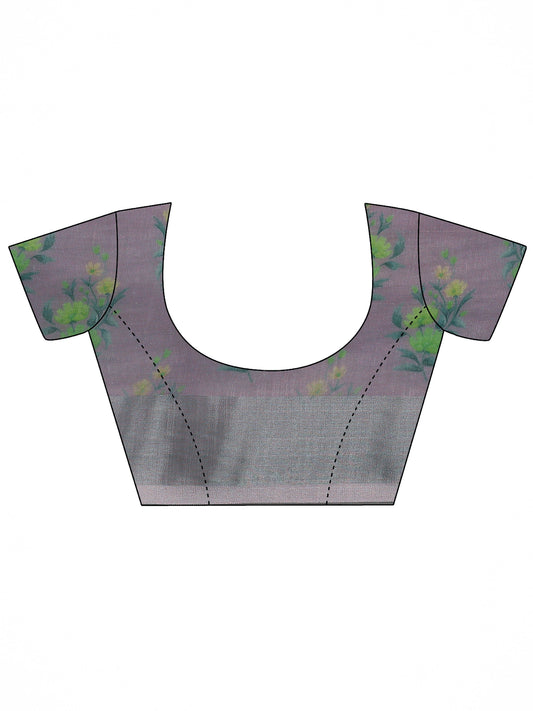 Lavender Printed Cotton Blend Saree With Unstitched Blouse Piece