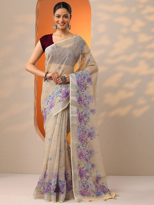 Cream Printed Cotton Blend Saree With Unstitched Blouse Piece
