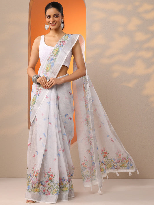 White Printed Cotton Blend Saree With Unstitched Blouse Piece