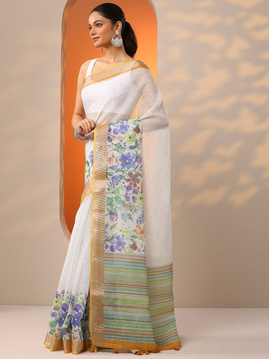 White Printed Cotton Blend Saree With Unstitched Blouse Piece