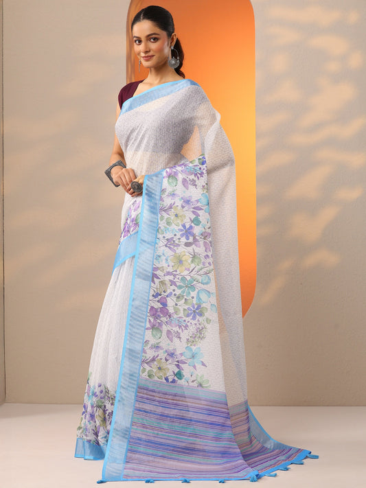 White Printed Cotton Blend Saree With Unstitched Blouse Piece