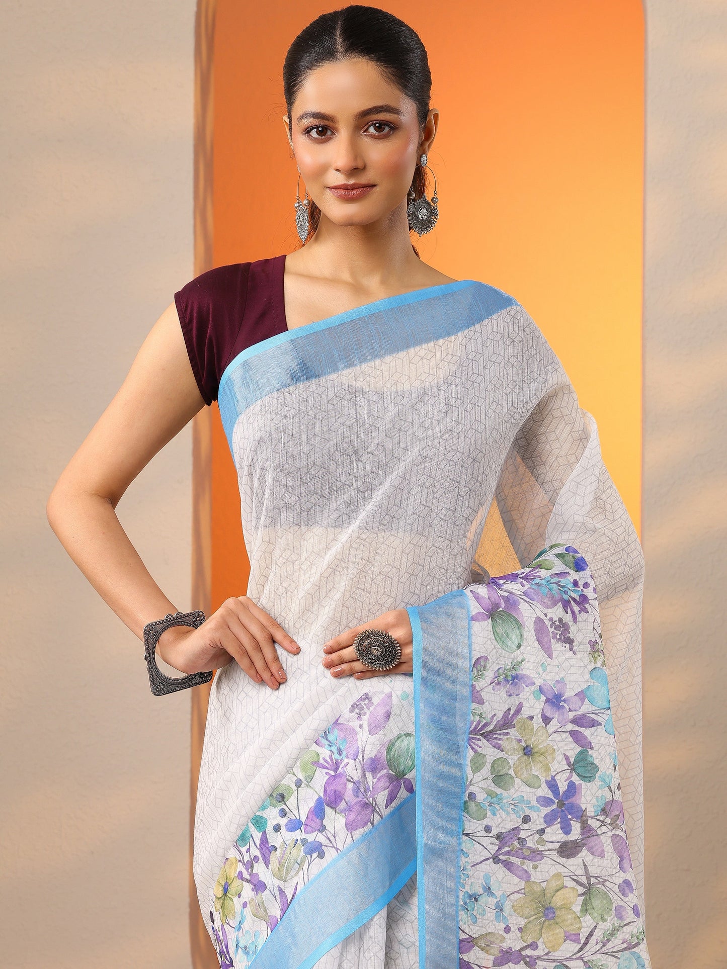 White Printed Cotton Blend Saree With Unstitched Blouse Piece