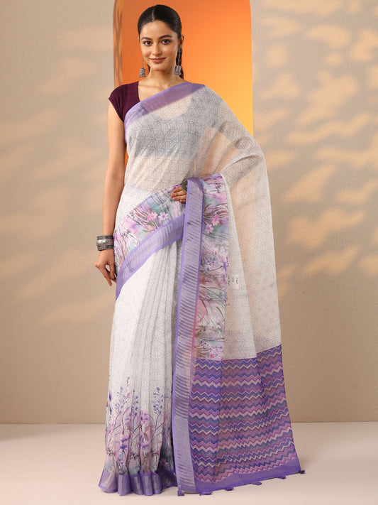 White Printed Cotton Blend Saree With Unstitched Blouse Piece