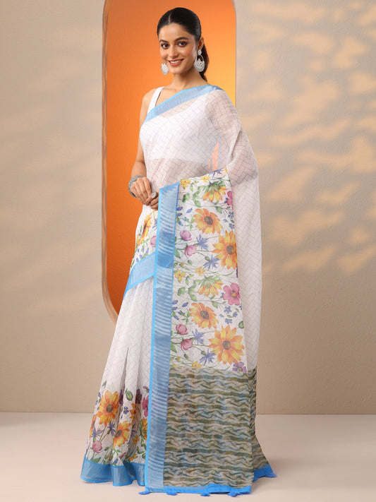 White Printed Cotton Blend Saree With Unstitched Blouse Piece