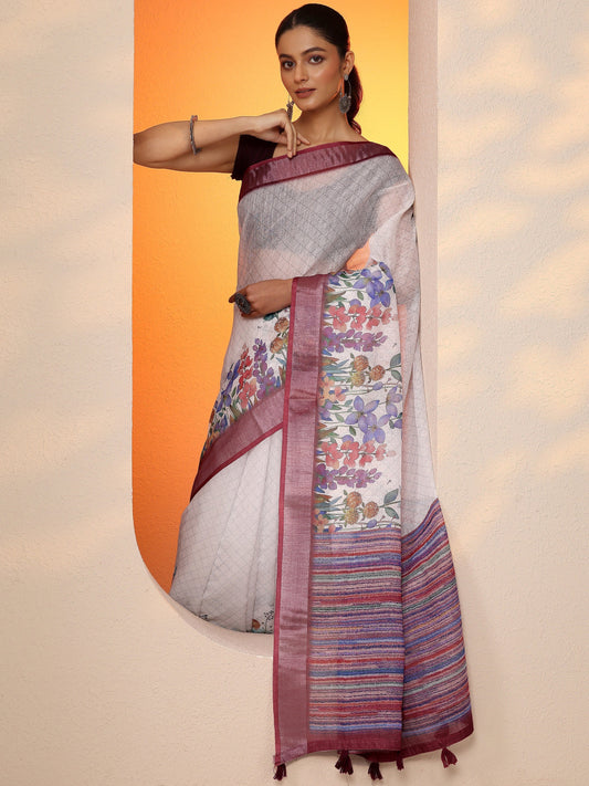 White Printed Cotton Blend Saree With Unstitched Blouse Piece