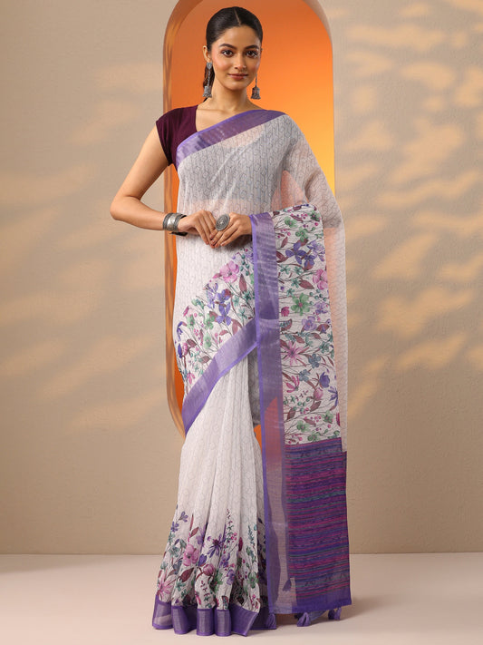 White Printed Cotton Blend Saree With Unstitched Blouse Piece