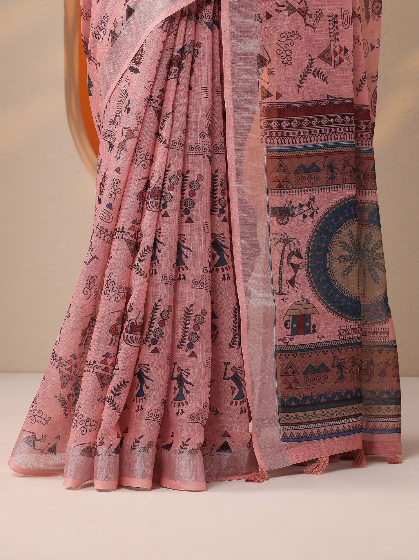Peach Printed Cotton Blend Saree With Unstitched Blouse Piece