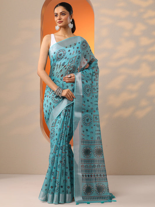 Blue Printed Cotton Blend Saree With Unstitched Blouse Piece