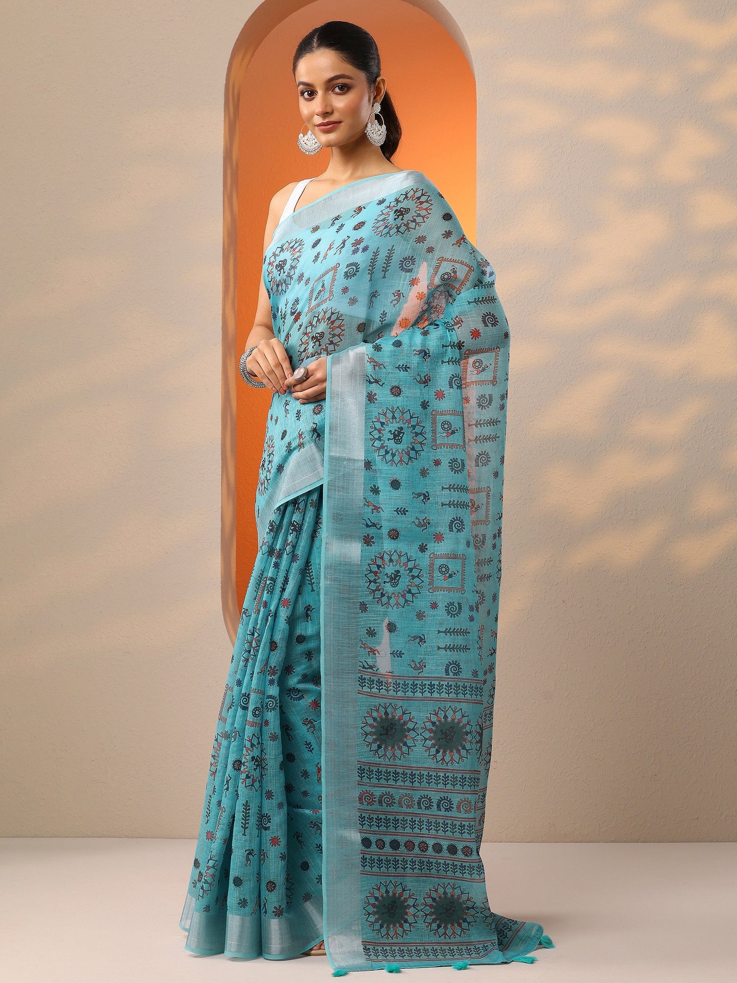 Blue Printed Cotton Blend Saree With Unstitched Blouse Piece