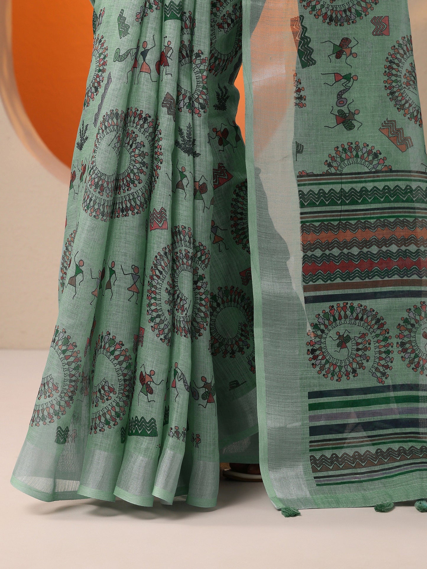 Green Printed Cotton Blend Saree With Unstitched Blouse Piece