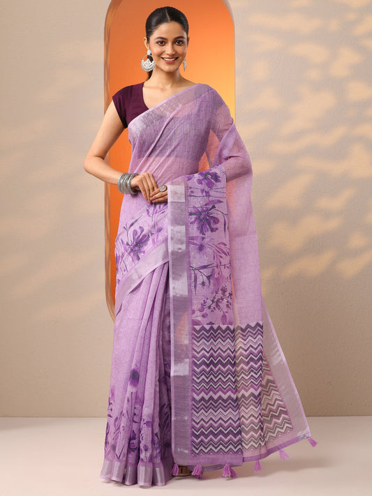 Lavender Printed Cotton Blend Saree With Unstitched Blouse Piece