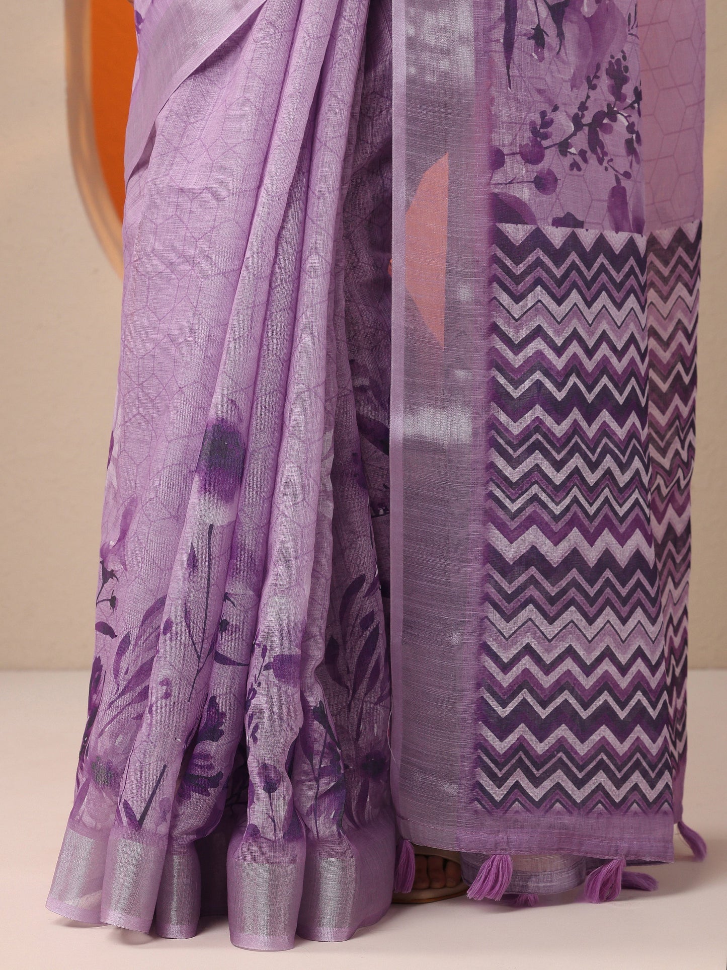 Lavender Printed Cotton Blend Saree With Unstitched Blouse Piece