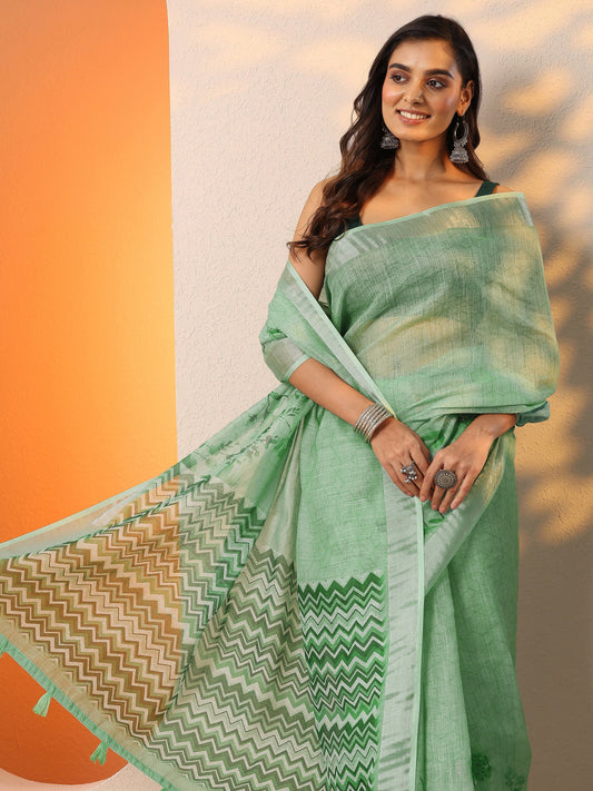 Green Printed Cotton Blend Saree With Unstitched Blouse Piece