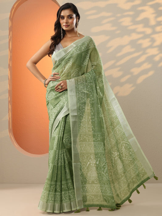 Green Printed Cotton Blend Baluchari Saree With Unstitched Blouse Piece