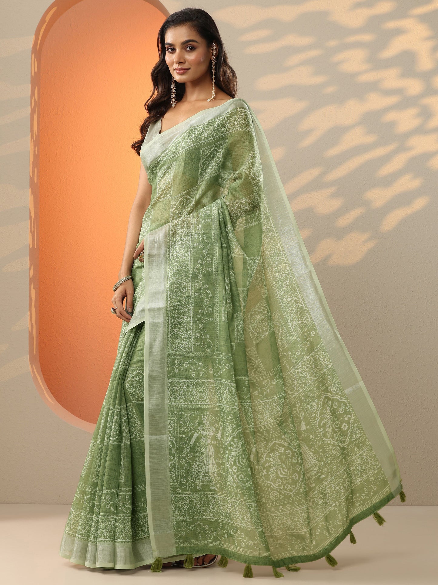 Green Printed Cotton Blend Baluchari Saree With Unstitched Blouse Piece