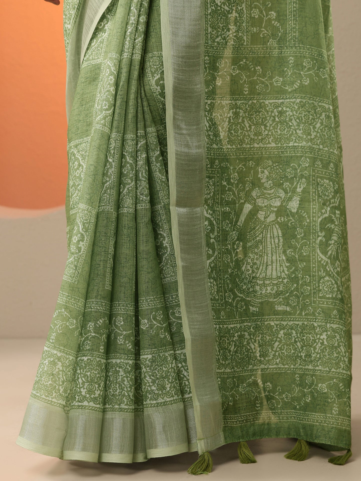 Green Printed Cotton Blend Baluchari Saree With Unstitched Blouse Piece