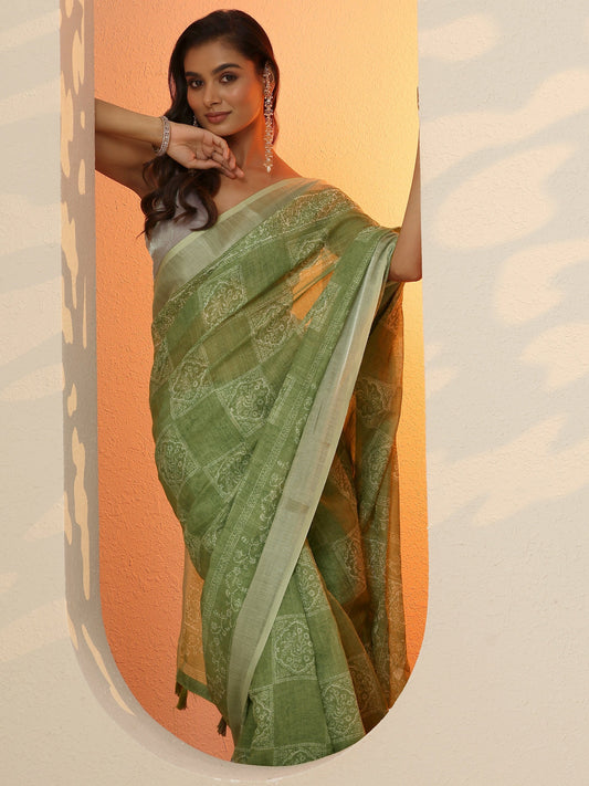 Green Printed Cotton Blend Baluchari Saree With Unstitched Blouse Piece